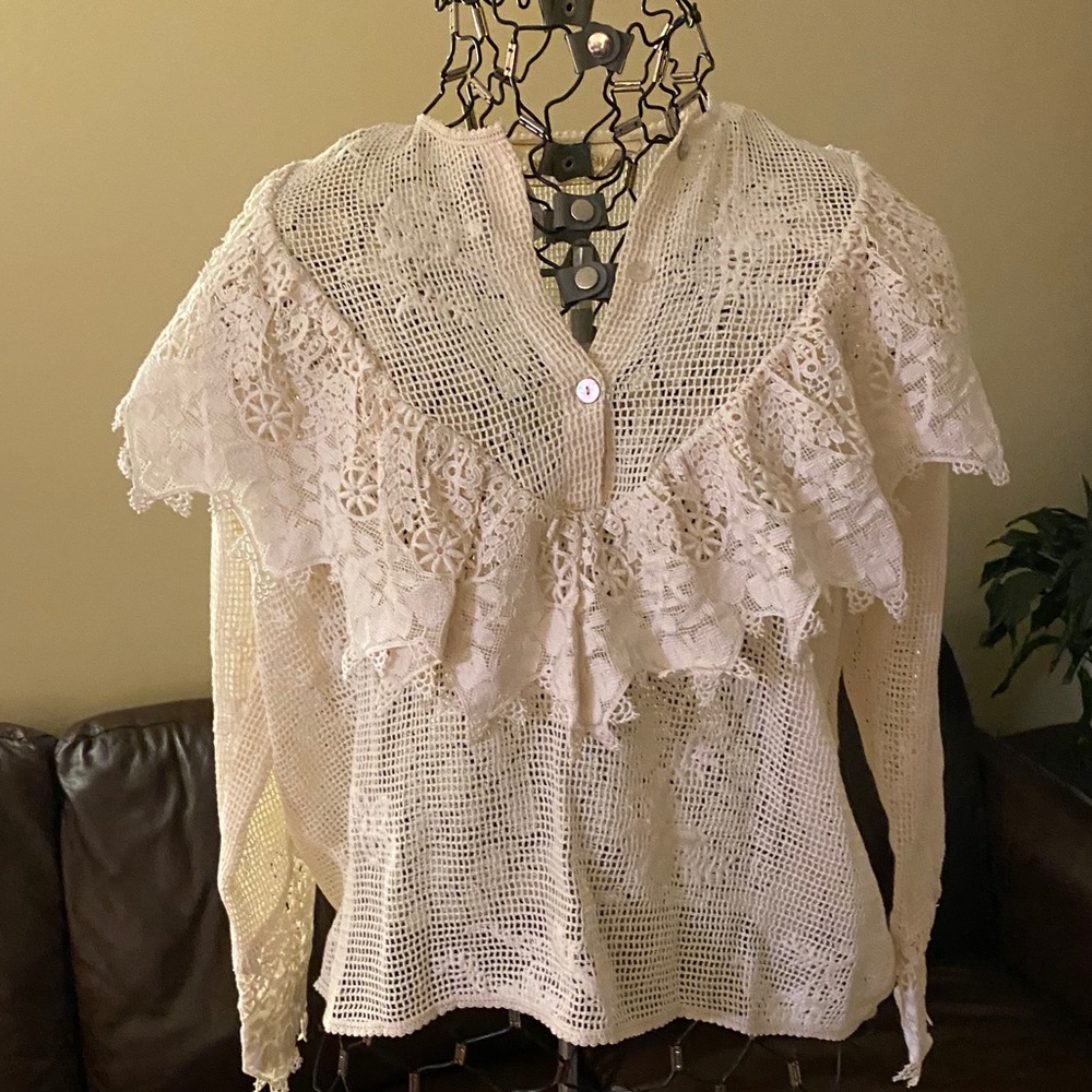 🌼Jen's Pirate Booty, Seaside  Net-Mesh Lace Blouse Size L - Picture 5 of 10